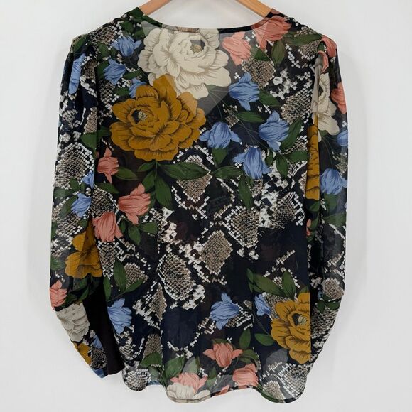Cabi Snake Charmer Floral Sheer Blouse Long Puff Sleeves Navy Women Small 3762 - Picture 4 of 10